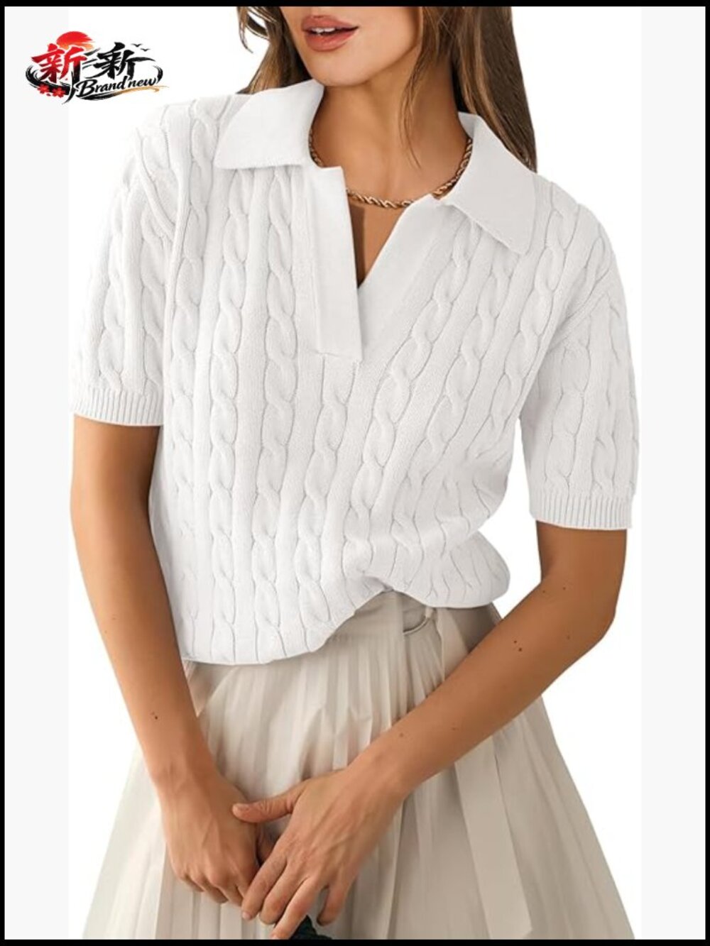 Short Sleeve V Neck Cable Knit Sweater